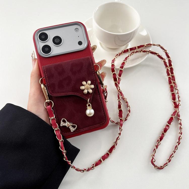 For iPhone 17 Pro Max Leather Leopard Print Card Bag Phone Case with Crossbody Chain(Red)