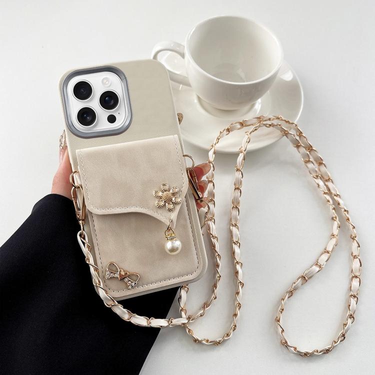 For iPhone 15 Pro Max Leather Leopard Print Card Bag Phone Case with Crossbody Chain(Apricot)
