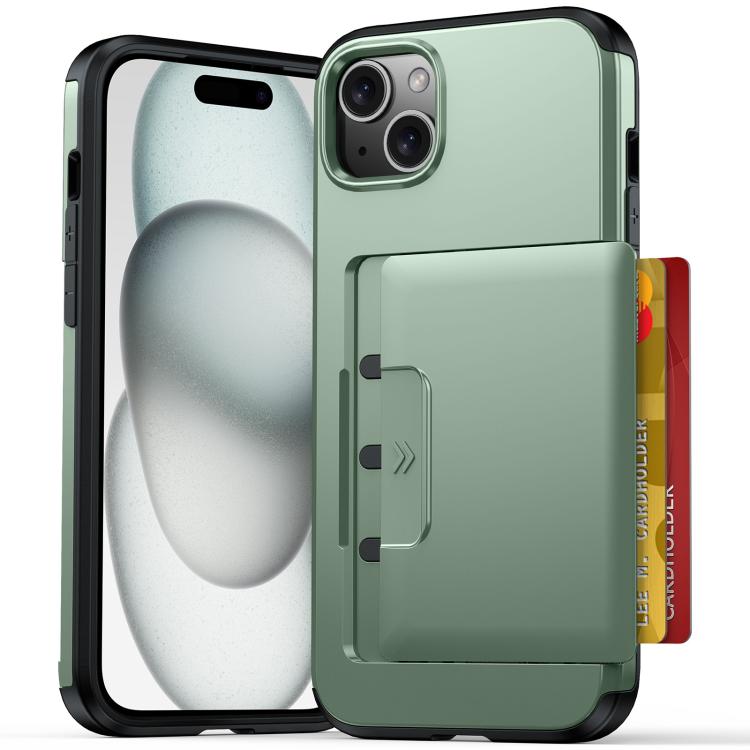 For iPhone 15 Plus / 14 Plus Sliding Card Slot PC Hybrid TPU Phone Case(Army Green)