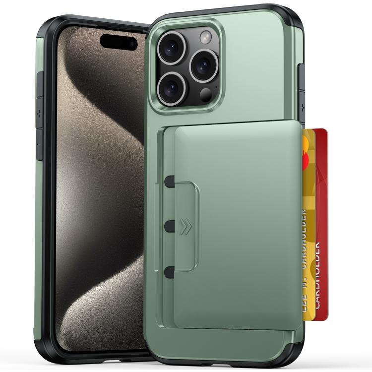 For iPhone 14 Pro Sliding Card Slot PC Hybrid TPU Phone Case(Army Green)