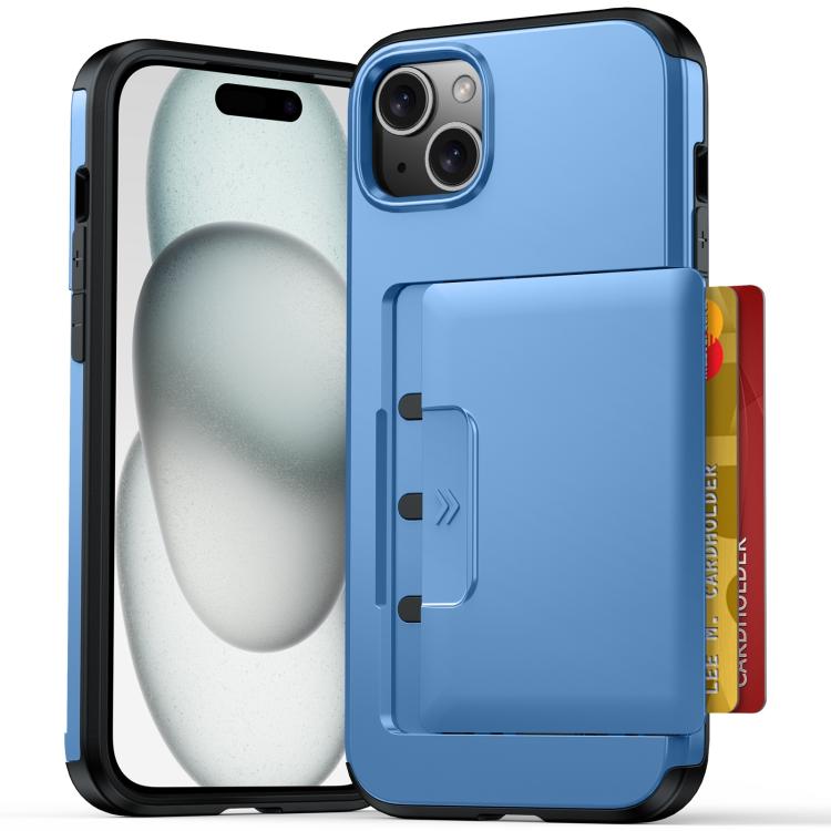 For iPhone 13 Sliding Card Slot PC Hybrid TPU Phone Case(Light Blue)