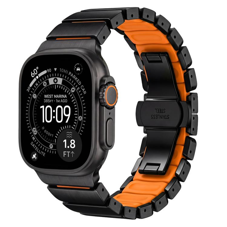For Apple Watch 46mm / 49mm / 45mm / 44mm Butterfly Clasp Metal Hybrid Silicone Watch Band, Material:Stainless Steel(Black Orange)