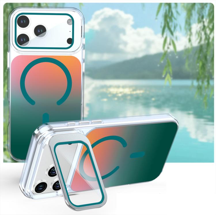 For iPhone 17 Pro Gradient Discolor Lens Protector Kickstand Magnetic Phone Case(Green)