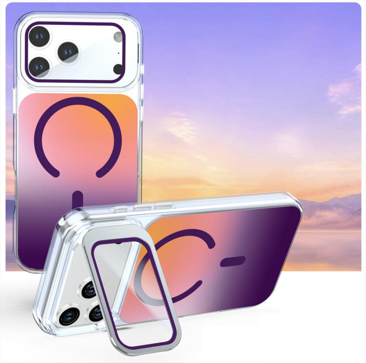 For iPhone 18 Pro Max Gradient Discolor Lens Protector Kickstand Magnetic Phone Case(Purple)