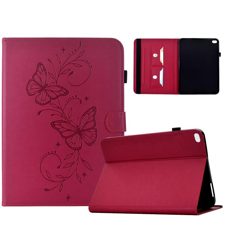 For iPad 9.7 2018 / 2017 Dual-Butterfly Embossed Vegan Leather Smart Tablet Case(Rose Red)