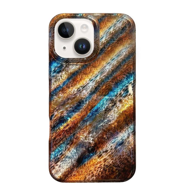 For iPhone 15 Blue Brown Gradient Leopard Print Double-layer Half Coverage IMD Phone Case