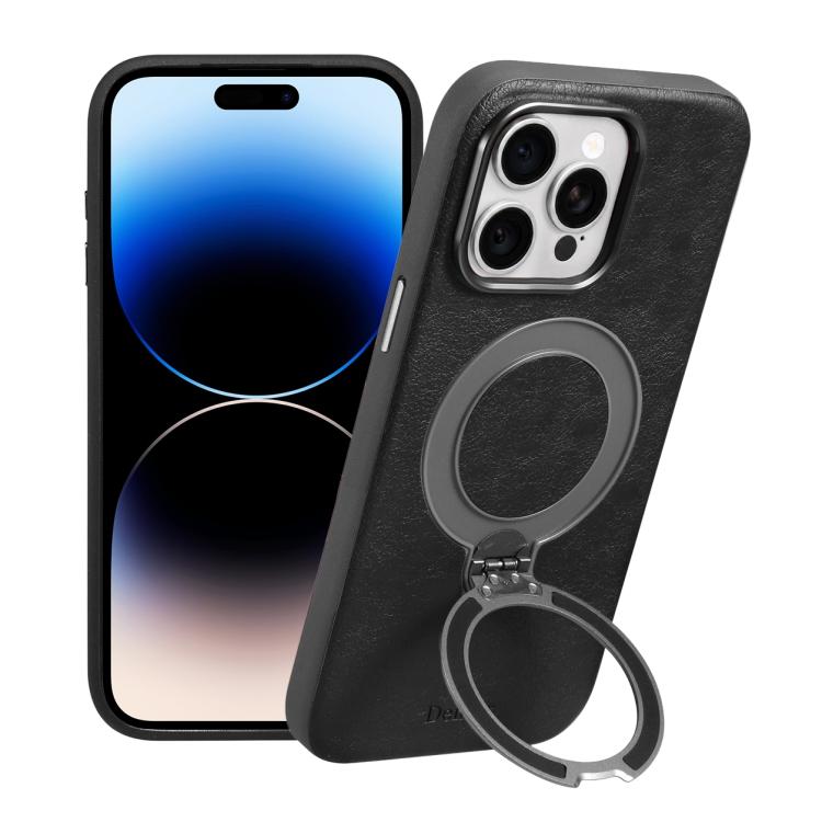 For iPhone 14 Pro Denior A33 Magnetic Rotating Holder Vegan Leather Phone Case(Black)