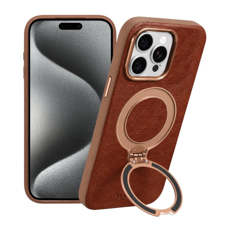 For iPhone 15 Pro Denior A33 Magnetic Rotating Holder Vegan Leather Phone Case(Brown)