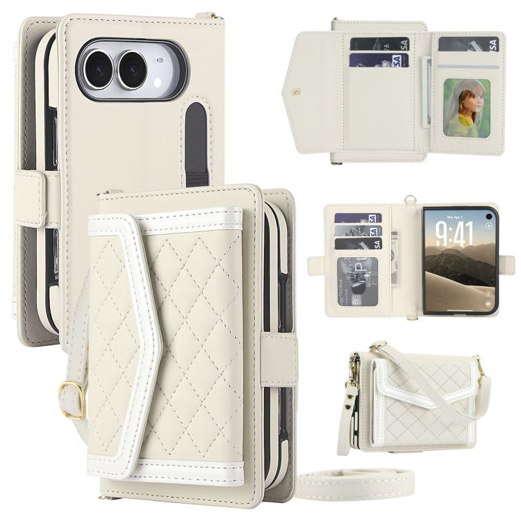 For iPhone Duo Splicing Rhombic Texture Card Holder Phone Case with Lanyard, Not Included Pen(Beige)