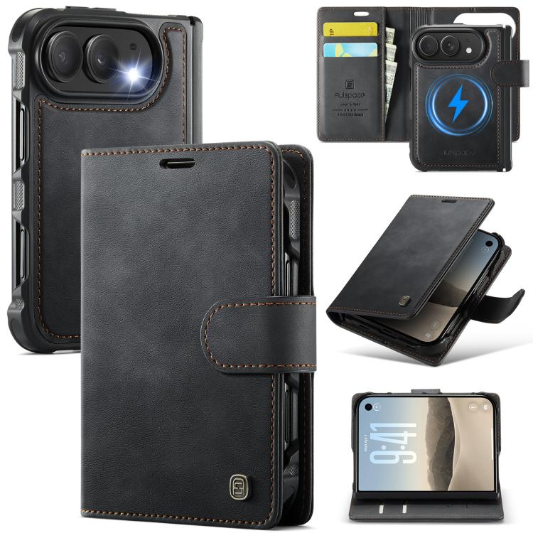 For iPhone Duo AutSpace A05 2 in 1 Retro Calf Texture MagSafe Magnetic Phone Case(Black)