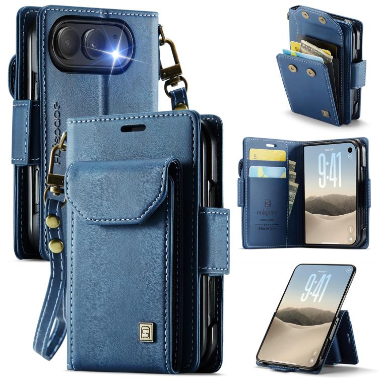 For iPhone Duo AutSpace A23 Organ Card Bag Magnetic RFID PU Phone Case(Blue)