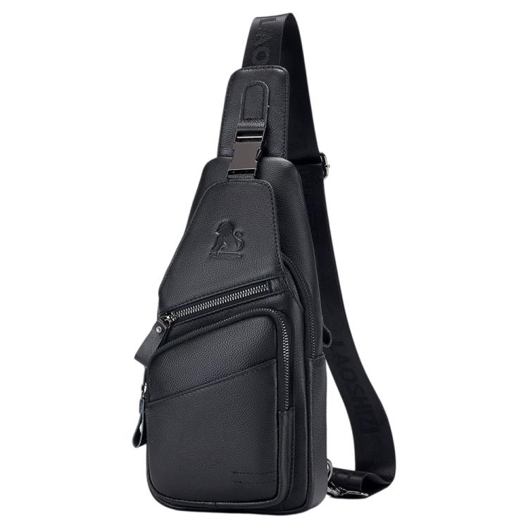 STEEL LION Large Capacity Top Grain Cowhide Leather Crossbody Chest Bag(Black)