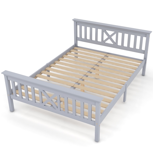 

[EU Warehouse] Solid Wood Double Bed with Slatted Frame and Headboard, Size: 140 x 200cm(Grey)