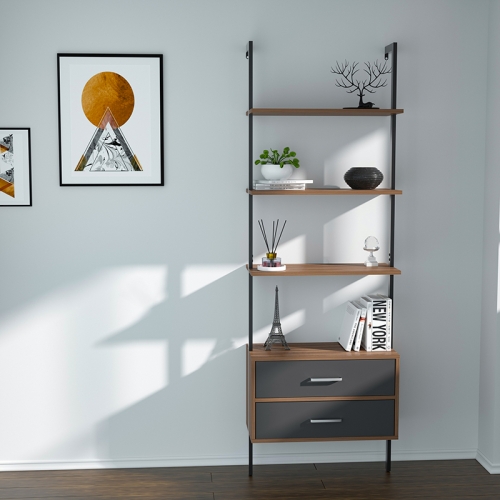 

[US Warehouse] Wall-mounted Walnut Ladder Bookcase with 2 Drawers, Size: 180 x 56 x 28cm