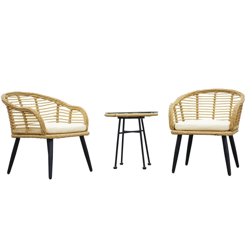

[US Warehouse] 3 in 1 Outdoor Terrace Wicker Chairs + Tempered Glass Table Set with Cushion