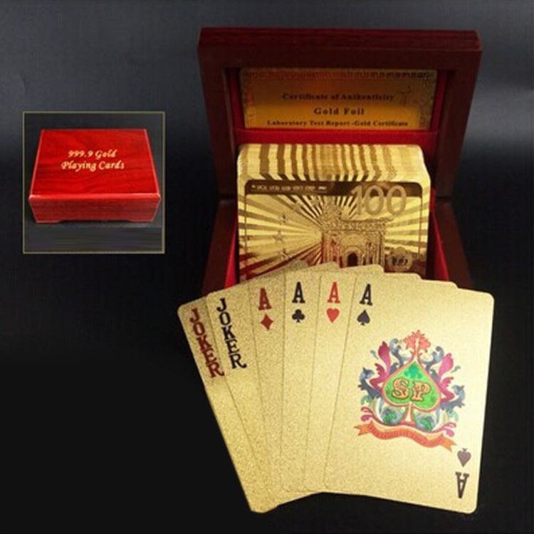 

Creative Frosted Golden 100 Euro Back Texture Plastic From Vegas to Macau Playing Cards Texas Poker with Wooden Gift Box