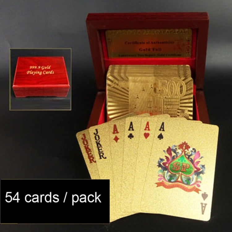 

Creative Frosted Golden 500 Euro Back Texture Plastic From Vegas to Macau Playing Cards Texas Poker with Wooden Gift Box