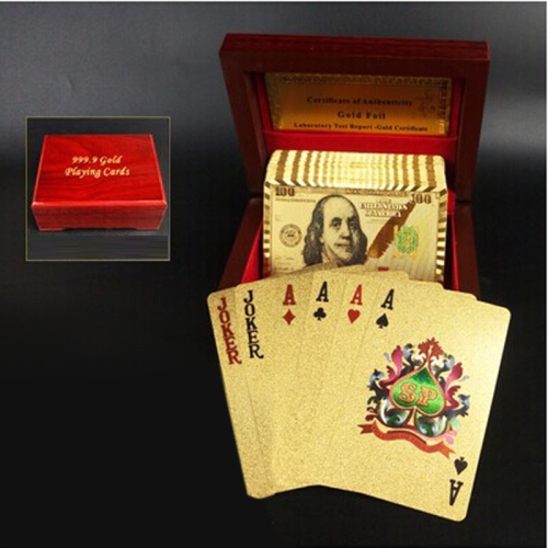 

Creative Frosted Mosaic Gold New Dollar Back Texture Plastic From Vegas to Macau Playing Cards Texas Poker with Wooden Gift Box