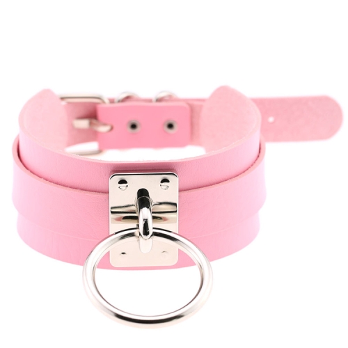 

European and American Harajuku PU Leather Silver Single Ring Collar Wide Street-Snap Nightclub O-shaped Choker Necklace(Pink)