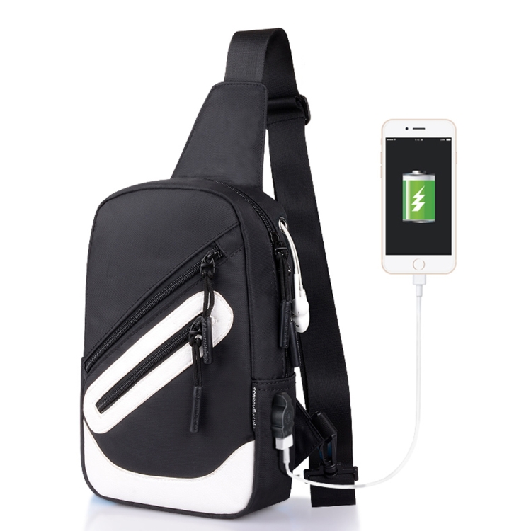 

Multi-Function Portable Casual Canvas Black and White Chest Bag Outdoor Sports Shoulder Bag with External USB Charging Interface for Men / Women / Student