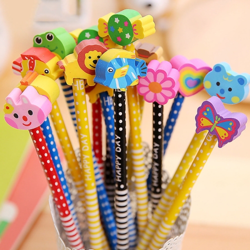 

50 PCS Creative Stationery Cartoon Animals Series Wooden HB Pencil with Eraser Children Pencils For Kids School Office Supply, Random Color Delivery