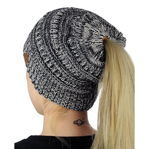 Chapeau de tricotage de casquette de queue de cheval de lettre de CC pour des dames (noir + gris)