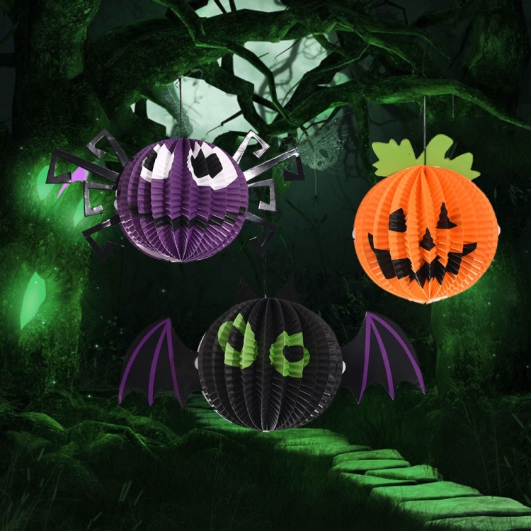 3 PCS / Set Creative Funny Halloween Pumpkin Bats Spider Pendant Paper  Decoration and Props Horror