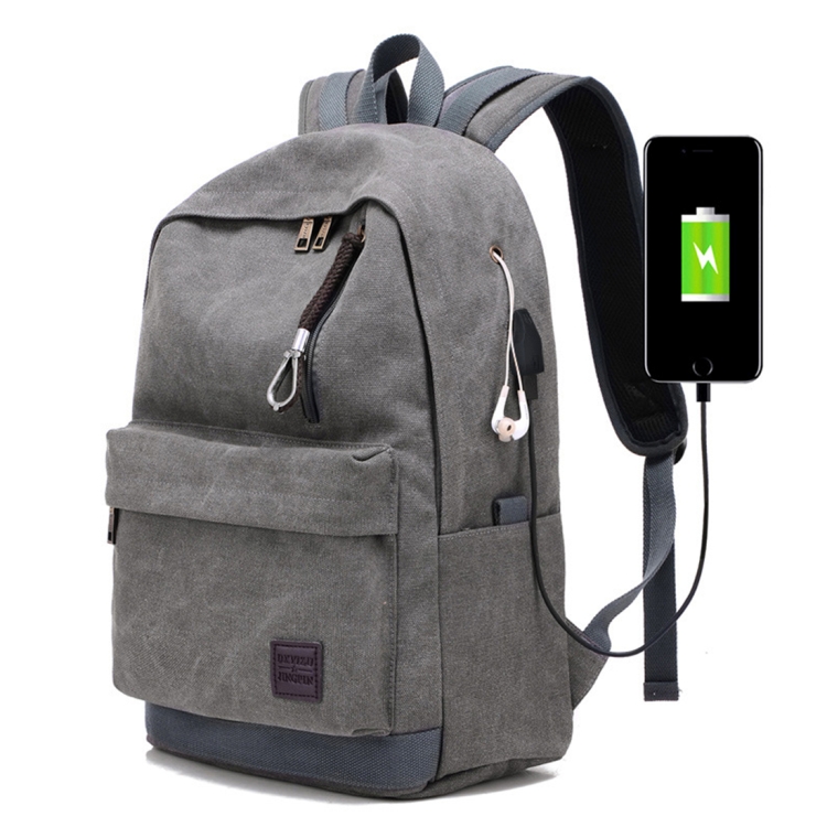 

Multi-Function Travel Casual Canvas Backpack Students Bag with External USB Charging Interface & Headphone Jack (Grey)