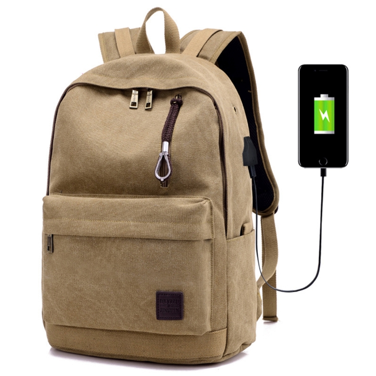 

Multi-Function Travel Casual Canvas Backpack Students Bag with External USB Charging Interface & Headphone Jack (Khaki)