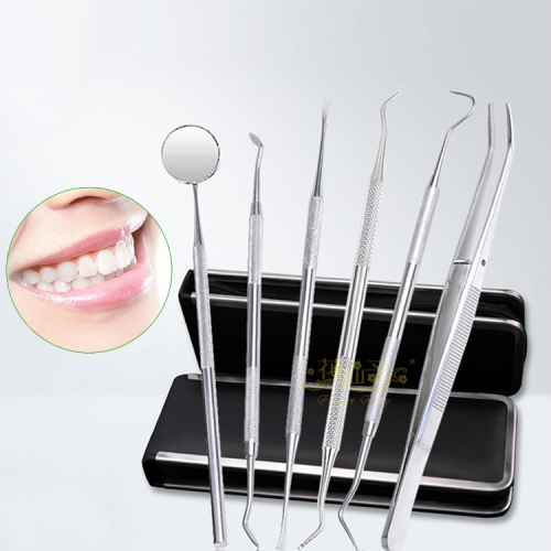 Set di strumenti dentali 6 in 1 (sonda in acciaio inossidabile + dentista a  forma di zappa + dentista falcetto + dispositivo di rigetto delle macchie  dei denti + pinzette dentali + specchietto per la bocca)