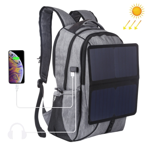 HAWEEL 14W Foldable Removable Solar Power Outdoor Portable Canvas Dual Shoulders Laptop Backpack, USB Output: 5V 2.1A Max(Grey)