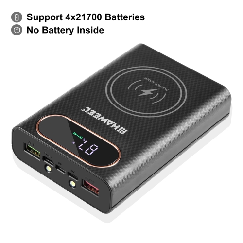 HAWEEL DIY 4 x 21700 Battery 22.5W Fast Charge 15W Wireless Charging Power Bank Box Case with Display, Not Include Battery (Black) for ulefone power armor 16 pro armor 21 ulefone usb c type c desk charging dock black