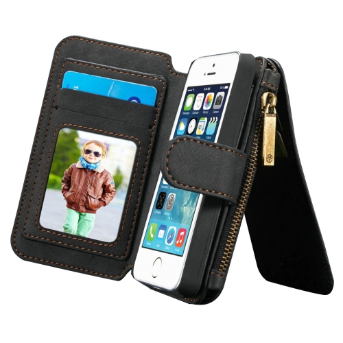 

CaseMe for iPhone SE & 5s & 5 Multifunctional Leather Billfold with Detachable Magnetic PC Protective Case & 13 Card Slots & 1 Photo Frames & 1 Zipper Wallet & 2 Magnetic Clasps & Holder(Black)