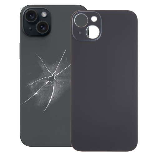 iPhone 15 Plus用 簡単交換大きなカメラ穴ガラス背面バッテリーカバー(ブラック)