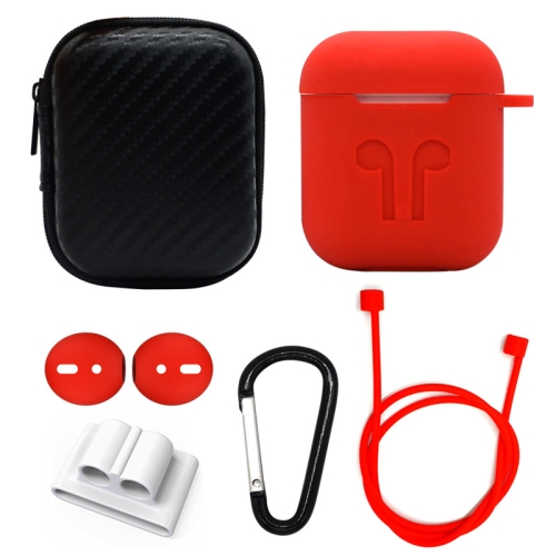 

6 in 1 Earphone Bag + Earphone Case + Earphones Silicone Buckle + Earbuds + Anti-Drops Buckle + Anti-lost Rope Wireless Earphone Silicone Case Set for Apple Airpods(Red)