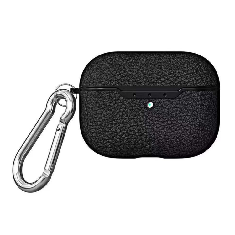 

For Apple AirPods Pro TPU Litchi Texture Wireless Earphone Protective Case with Hook(Black)
