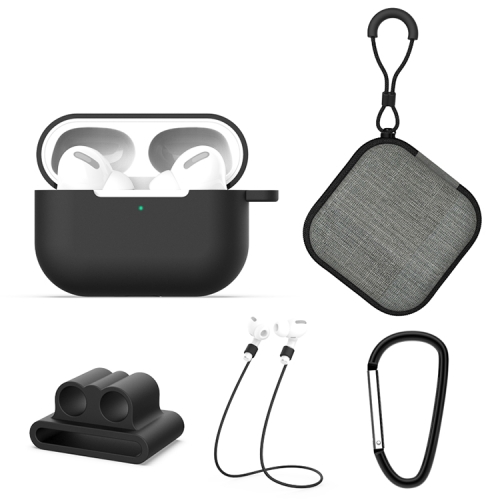 

For AirPods Pro 5 in 1 Silicone Earphone Protective Case + Earphone Bag + Earphones Buckle + Hook + Anti-lost Rope Set(Black)