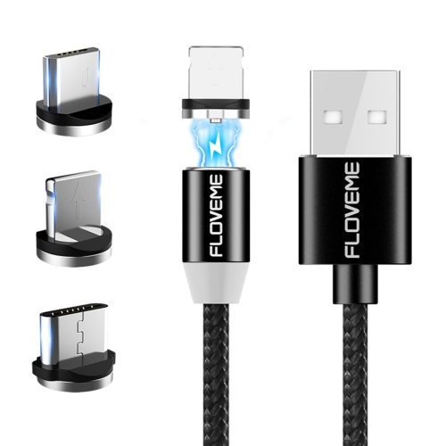 

FLOVEME YXF93674 1m 2A 8 Pin + Micro USB + USB-C / Type-C to USB Nylon Magnetic Charging Cable(Black)