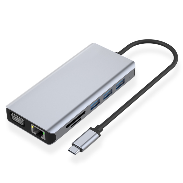 

12 in 1 RJ45 + 100W PD + SD/TF + USB3.0x5+ HDMI + VGA + 3.5mm AUX to Type-C HUB Adapter