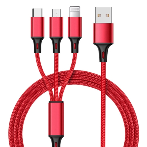 

1.2m Nylon Weave 3 in 1 2.4A USB to Micro USB + 8 Pin + Type-C Charging Cable(Red)