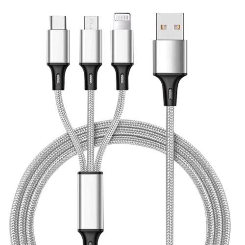 

1.2m Nylon Weave 3 in 1 2.4A USB to Micro USB + 8 Pin + Type-C Charging Cable(Grey)