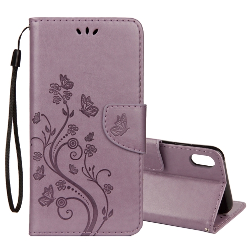 

For iPhone XR Embossed Butterfly Pattern Horizontal Flip Leather Case with Card Slot & Holder & Wallet & Lanyard (Purple)