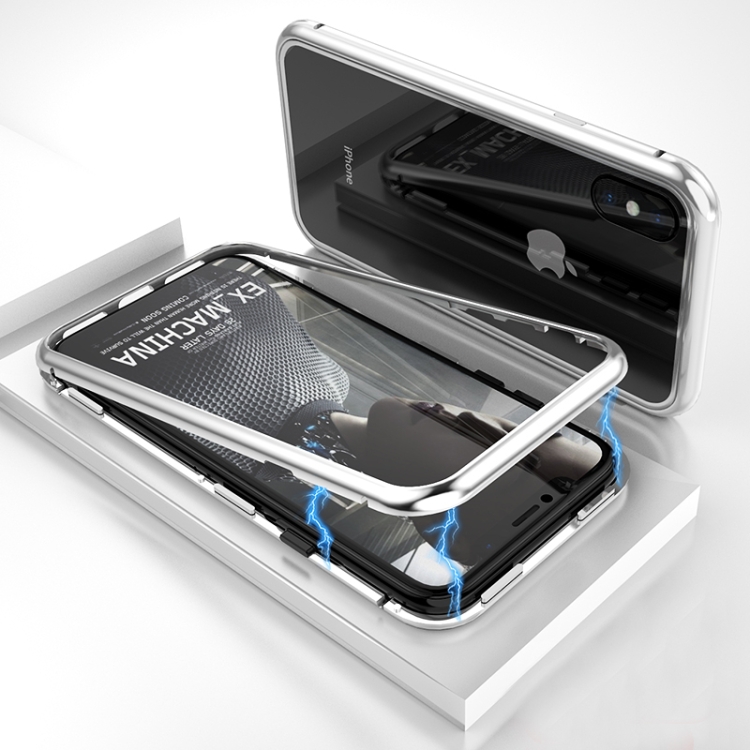 

Ultra Slim Magnetic Adsorption Metal Frame Tempered Glass Magnet Flip Case for iPhone X / XS (Silver)