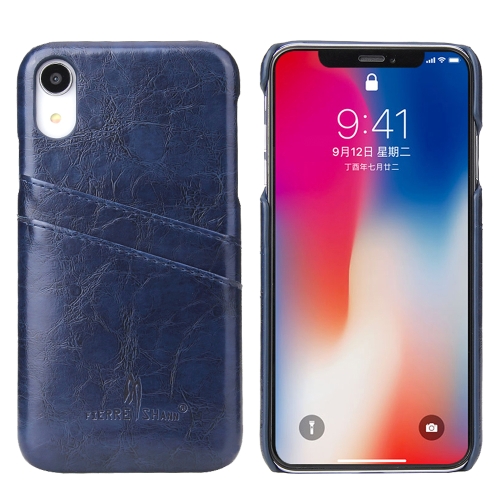 

For iPhone XR Fierre Shann Retro Oil Wax Texture PU Leather Case with Card Slots(Blue)