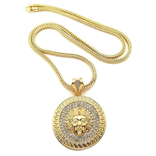 

Hip Hop Round Medusa Head Zircon Rhinestone Pendant Clavicle Chain Necklace for Men, Chain Length: 90cm(Gold)