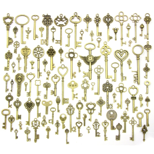 

Mixed Set Of Vintage Skeleton Keys In Antique Bronze Of Different Size As Ornamental Decorations For Party Favors, Necklaces, Arts And Crafts(Bronze Set of 100 PCS)