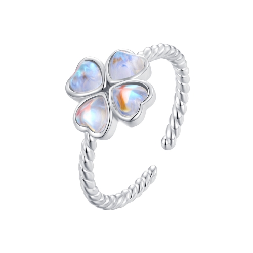 

BSR458-E S925 Sterling Silver White Gold Plated Lucky Clover Open Adjustable Ring