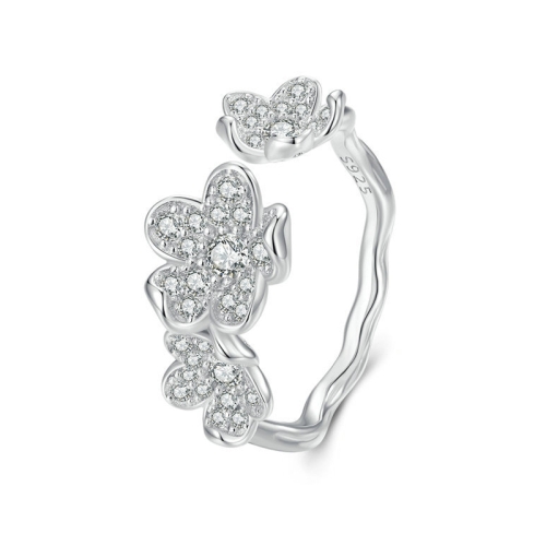 BSR447 Bague ajustable ouverte en argent sterling S925 plaqué or blanc avec fleur de zircon entièrement pavée