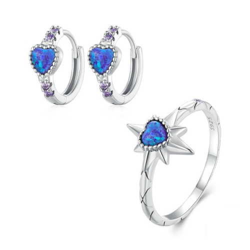 

ZHS312 Sterling Silver S925 Platinum Plated Zircon Opal Earrings & Star Ring Set