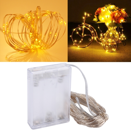 

10m IP65 Waterproof Silver Wire String Light, 100 LEDs SMD 06033 x AA Batteries Box Fairy Lamp Decorative Light, DC 5V(Warm White)